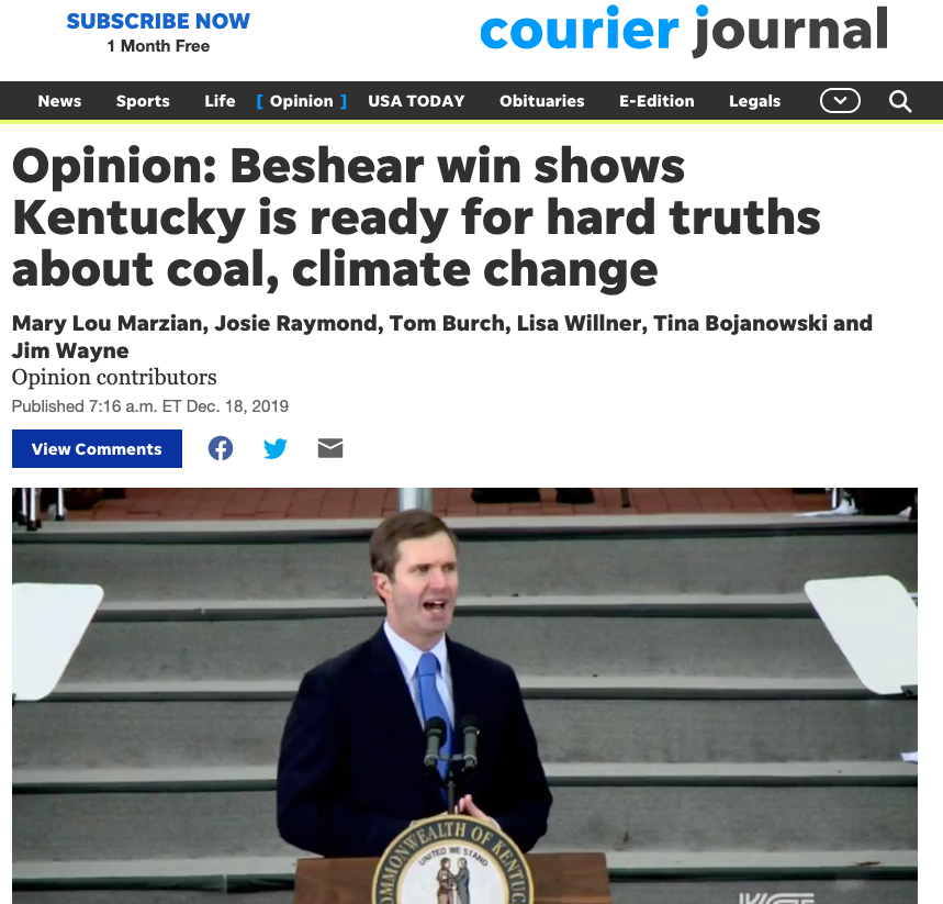 Louisville Courier-Journal: "Beshear win shows Kentucky is ready for hard truths about coal, climate change" by Kentucky Reps. Mary Lou Marzian, Josie Raymond, Tom Burch, Lisa Willner, Tina Bojanowski and Jim Wayne
